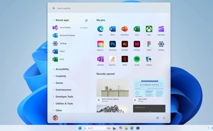 Tak wyobraża sobie Menu Start jeden z projektantów. Źródło: Blog Microsoftu - Tak mogło wyglądać Menu Start w Windows 11. Microsoft pokazał odrzucone koncepty - wiadomość - 2025-05-14
