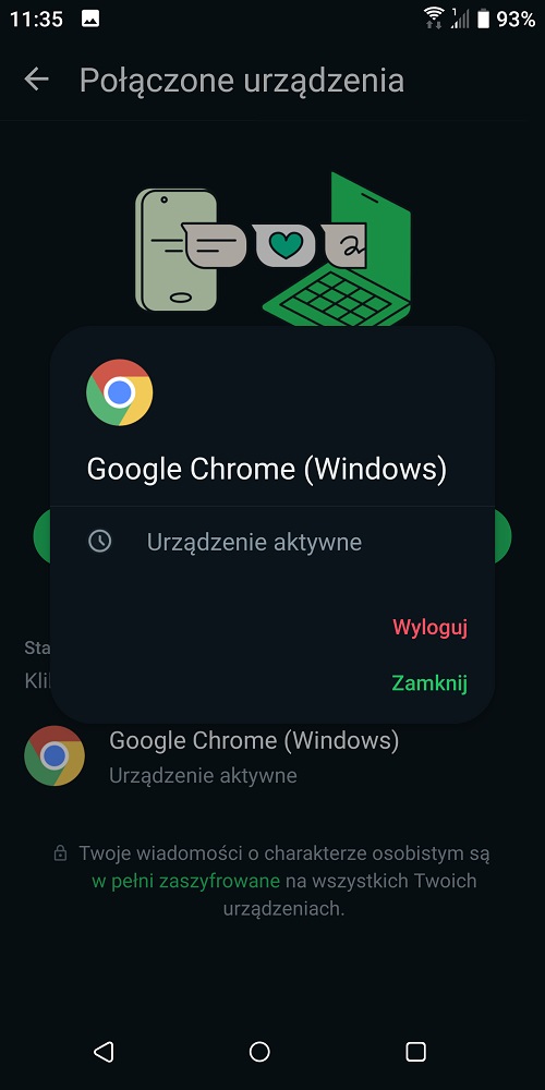 Skorzystanie z WhatsApp Web wymaga użycia aplikacji. Źródło: własne.