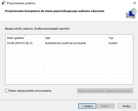 Resetowanie systemu do stanu z zapisanego przez nas punktu przywracania również sprowadza się do kilku kliknięć. Źródło: własne / Windows 10.