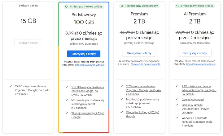 Abonamenty Google One są dostępne w ramach subskrypcji miesięcznych oraz rocznych. Źródło: Google. - Co to jest Google One i ile kosztuje subskrypcja? - wiadomość - 2024-04-11