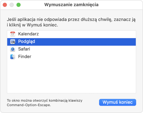 W systemie macOS zaszyto funkcję pozwalającą na wymuszanie zamknięcia zawieszonych aplikacji. Źródło: Apple.