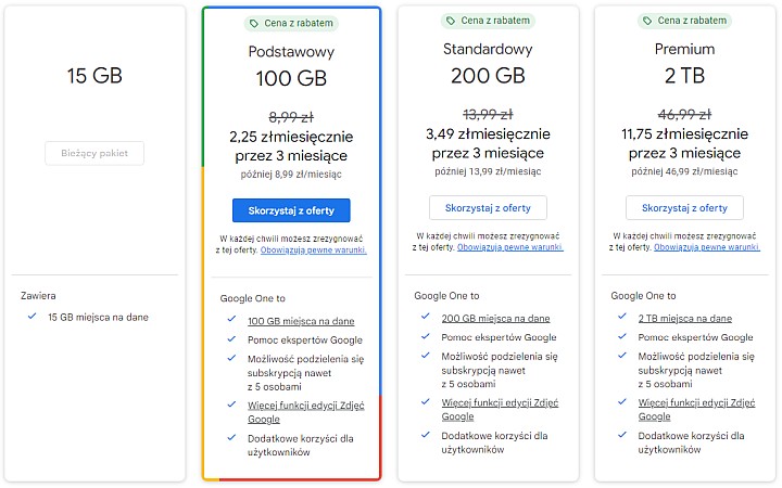 Obecne plany subskrypcji Google One. Źródło: Google - Google One ma już ponad 100 milionów subskrybentów - wiadomość - 2024-02-12