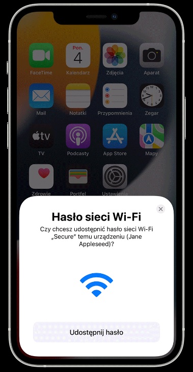 Sam proces udostępniania hasła do Wi-Fi innemu użytkownikowi iPhone’a przebiega bajecznie prosto. Źródło: Apple