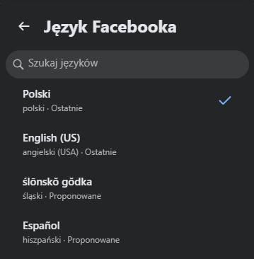 Zmiana języka na Facebooku sprowadza się do zaledwie kilku kliknięć. Źródło: Facebook.