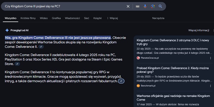 Próba uzyskania błędnej odpowiedzi. Źródło: Własne. - „Przegląd od AI” od Google już dostępny w Polsce. Sprawdzamy, jak radzi sobie nowa funkcja w wyszukiwarce - wiadomość - 2025-03-27