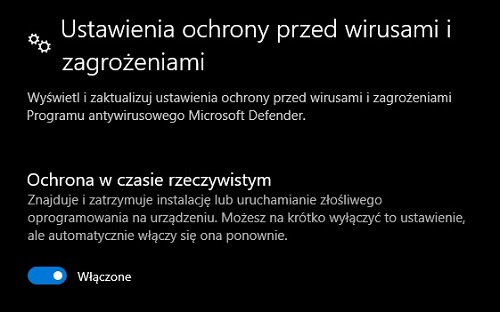 Program Microsoft Defender można tymczasowo wyłączyć w ustawieniach systemu Windows. Źródło: własne.