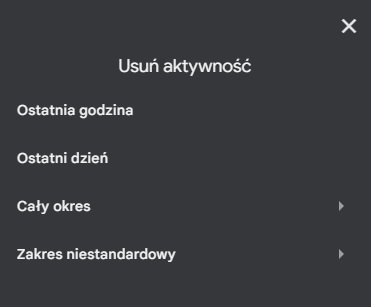 Firma Google pozwala nam usunąć aktywność ze swojego konta. Źródło: własne.