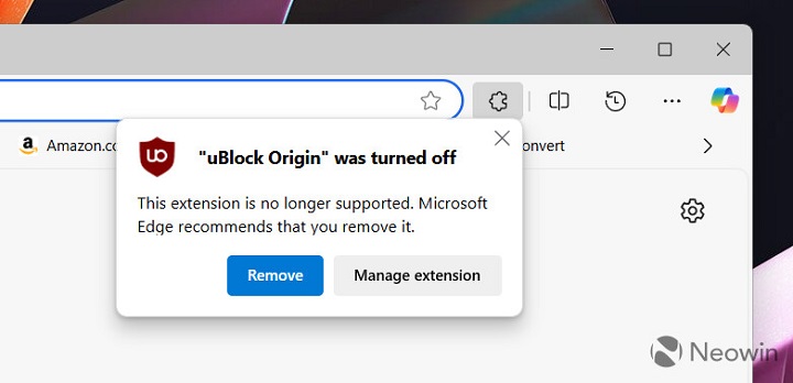 Źródło: Neowin - Czarny scenariusz się sprawdza; Microsoft zaczyna wyłączać adblocki w przeglądarce Edge - wiadomość - 2025-02-28