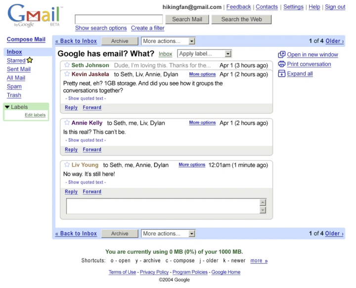 Wygląd Gmaila w 2004 roku | Źródło: Blog Google