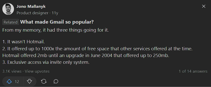 Opinia jednego z użytkowników serwisu Quora odnośnie popularności Gmail | Źródło: Quora