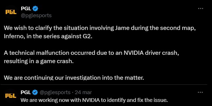 Wypowiedź PGL na temat problemów w trakcie turnieju. Źródło: X. - Wpadka Nvidii na zawodach CS-a 2, błąd sterowników wyeliminował drużynę z turnieju - wiadomość - 2024-03-29