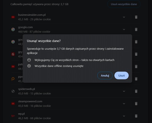 Aplikacja Chrome pozwala zarówno usuwać ciasteczka „hurtowo”, jak i pozbywać się jedynie wybranych. Źródło: Google Chrome.