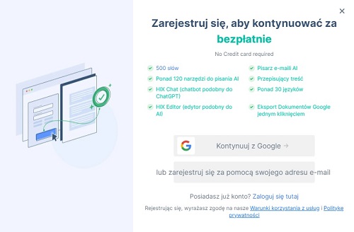 HIX.AI kusi brakiem konieczności założenia konta, jednak bez logowania możemy liczyć na otrzymanie tylko jednej odpowiedzi. Źródło: HIX.AI.