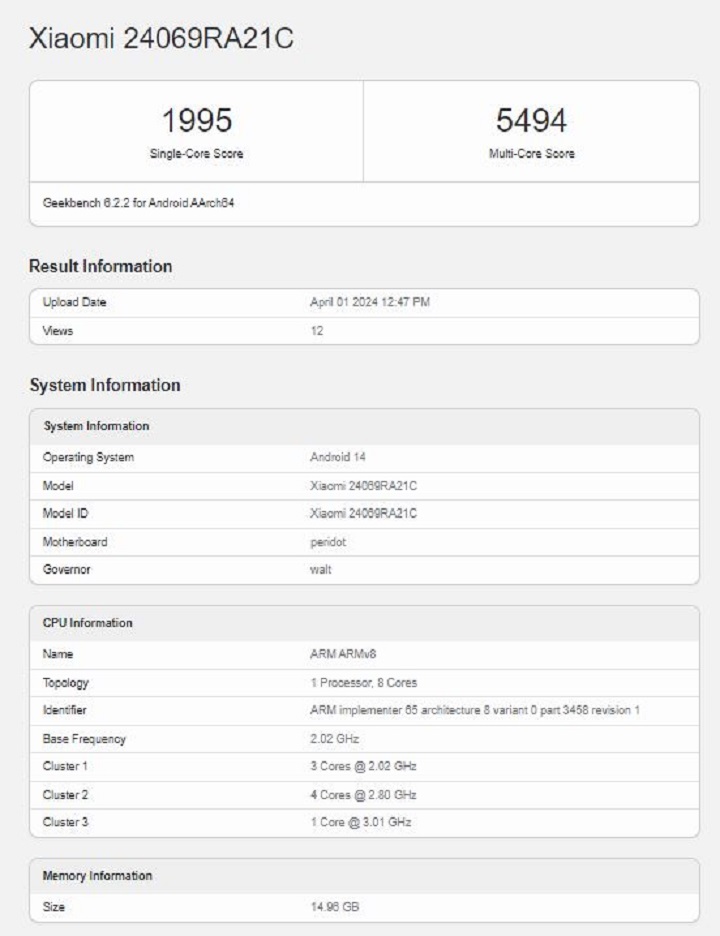 Źródło: Geekbench - Redmi Turbo 3 trafia do Geekbench ze znakomitymi wynikami, flagowiec zadebiutuje jeszcze w kwietniu - wiadomość - 2024-04-03