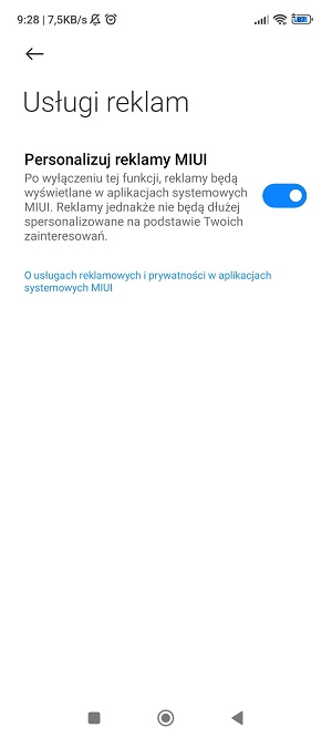 Pierwszym krokiem, jaki należy wykonać w celu pozbycia się reklam z telefonu Xiaomi, jest wyłączenie personalizacji reklam. Źródło: własne.