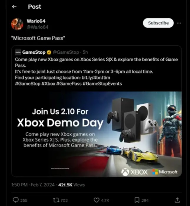 Usunięty wpis z profilu sklepu GameStop. | Źródło: Twitter @Wario64 | Kotaku.