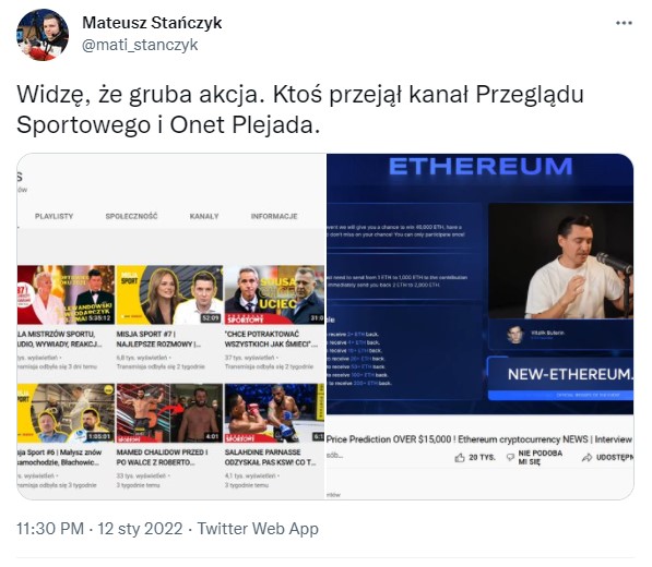 Zhakowane konta YouTube promowały Ethereum - wśród nich Plejada i Przegląd Sportowy - ilustracja #1