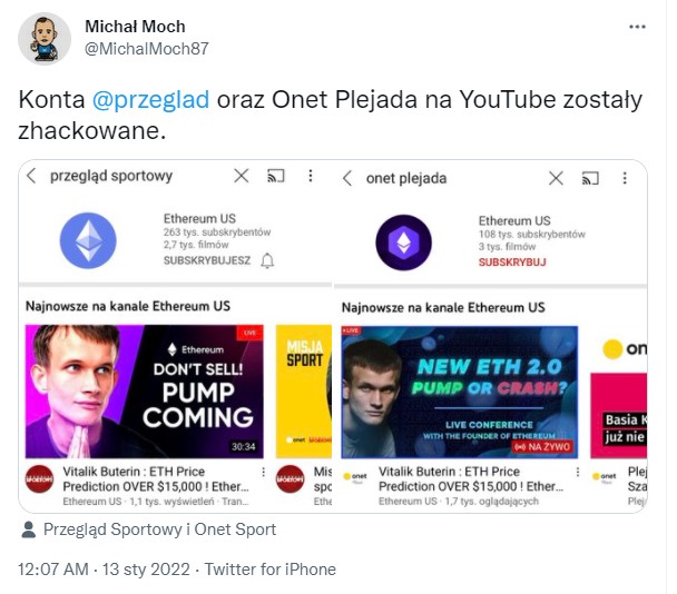 Zhakowane konta YouTube promowały Ethereum - wśród nich Plejada i Przegląd Sportowy - ilustracja #2