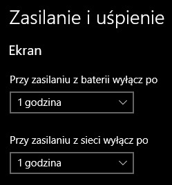 Systemy Windows 10 i 11 pozwalają zdecydować o tym, po jakim czasie ekran ma zostać wyłączony przy zasilaniu z baterii (w przypadku laptopów) lub sieci (w przypadku laptopów i komputerów stacjonarnych). Źródło: własne.