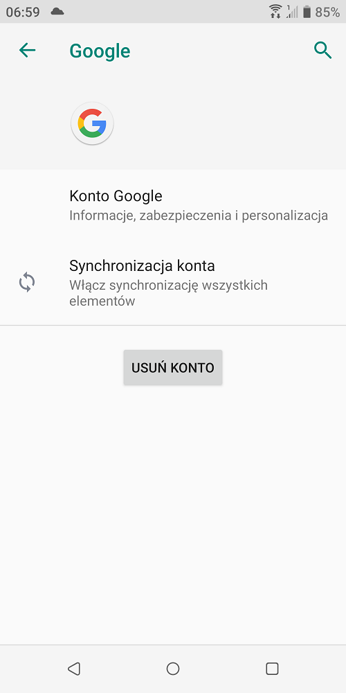 W systemie Android możemy usunąć konto Google z poziomu ustawień telefonu. Źródło: własne.