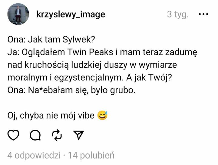 Zwykłe prywatne myśli są w moim odczuciu najciekawszą treścią na Threads. - Threads może być luźniejszą wersją X i lepszym Tinderem. Bywa, że nudzi, ale ma potencjał - wiadomość - 2024-02-09