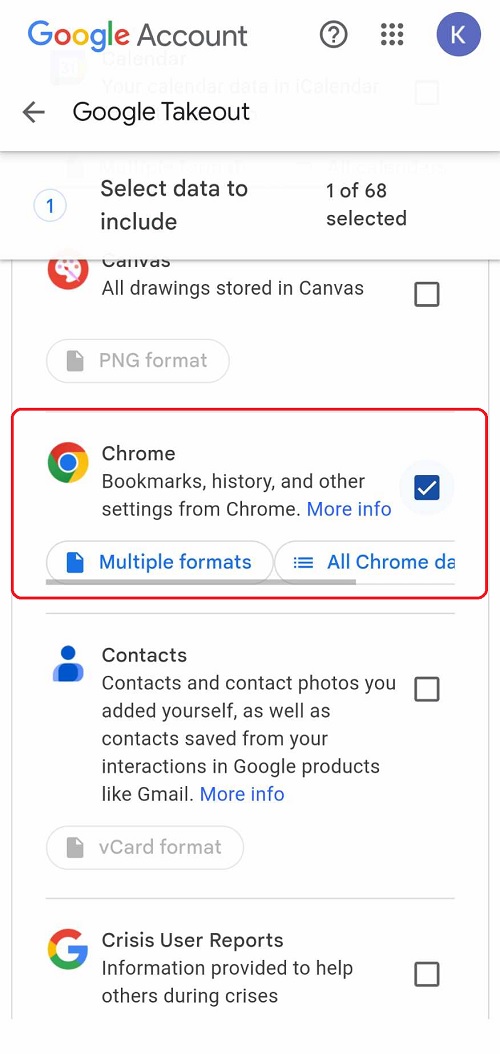 Google Takout to narzędzie, które trzeba wykorzystać do eksportu zakładek mobilnego Chrome’a. Źródło: własne.