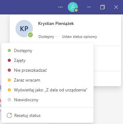 Microsoft Teams ma do dyspozycji szereg statusów, którymi może opisać naszą aktywność. Źródło: Microsoft Teams