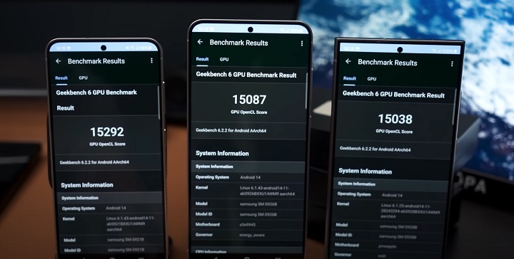 Test GPU Geekbench 6, od lewej S24, S24+, S24 Ultra. Źródło: YouTube/NL Tech - Chip Exynos 2400 w Samsungach Galaxy S24 dorównuje wydajnością flagowemu Snapdragonowi 8 Gen 3 od Qualcommu - wiadomość - 2024-01-23