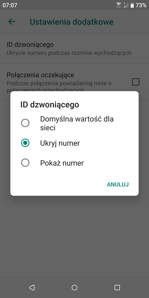 Użytkownicy systemu Android mogą skorzystać z ustawień, by na stałe zastrzec swój numer telefonu. Źródło: własne.