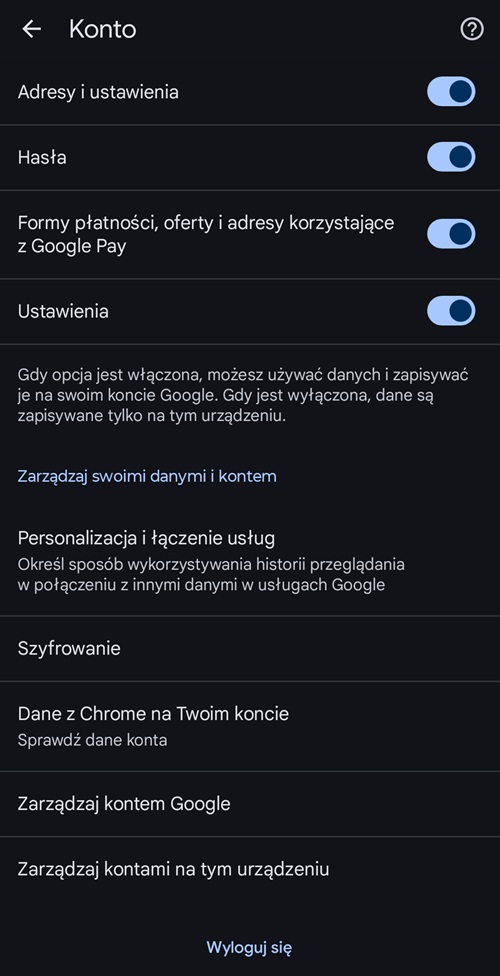 Wylogowanie z konta Google na Androidzie. Źródło: własne.