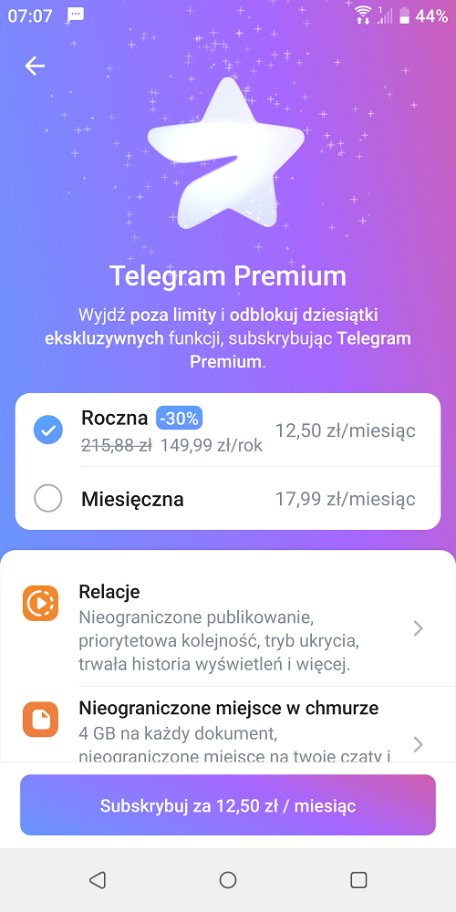 Proces aktywacji subskrypcji Telegram Premium nie jest skomplikowany. Źródło: własne.