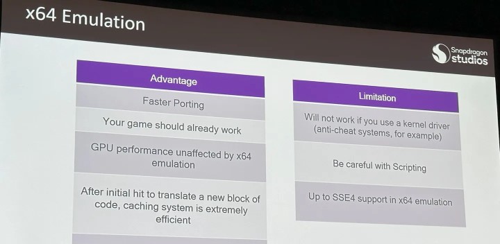 Ograniczenia w emulacji x64. Źródło: TheVerge - Większość gier powinna „po prostu działać” na komputerach z procesorem Snapdragon X Elite - twierdzi Qualcomm - wiadomość - 2024-03-22