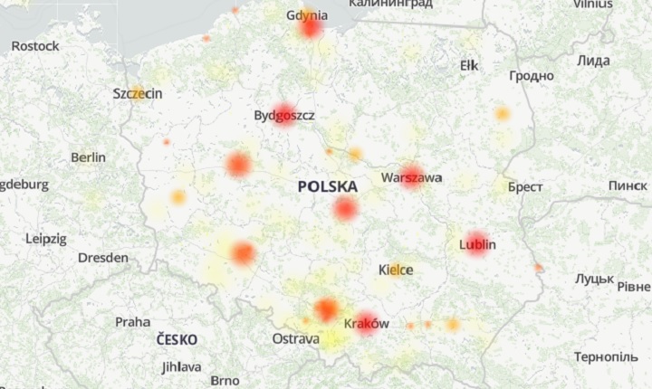 Mapa przedstawiająca miejsca zgłoszeń. Źródło: Downdetector. - Nagła awaria Facebooka, Messengera i Instagrama. Dziesiątki tysięcy ludzi nie może zalogować się do swoich kont - wiadomość - 2024-03-05