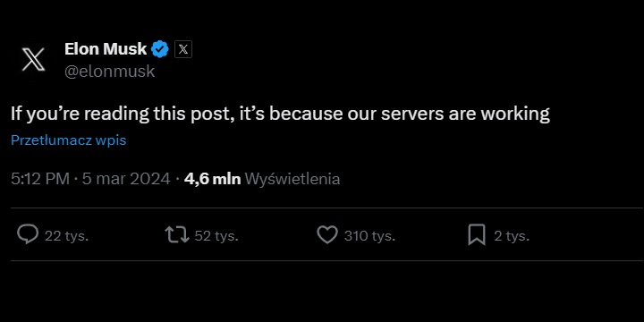 Wiadomość opublikowana przez Elona Muska w chwili awarii platform Mety. Źródło:X. - Nagła awaria Facebooka, Messengera i Instagrama. Dziesiątki tysięcy ludzi nie może zalogować się do swoich kont - wiadomość - 2024-03-05