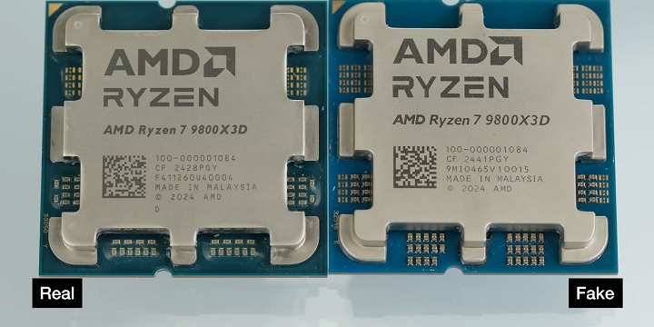 Porównanie oryginalnego Ryzena z podróbką. Źródło: Gamers Nexus. - Internauta zamówił AMD Ryzen 7 9800X3D. Zamiast tego otrzymał kiepsko wykonaną podróbkę - wiadomość - 2025-06-21