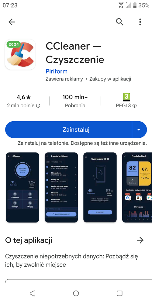 CCleaner jest jednym z najpopularniejszych narzędzi do czyszczenia pamięci telefonu. Źródło: Google Play.