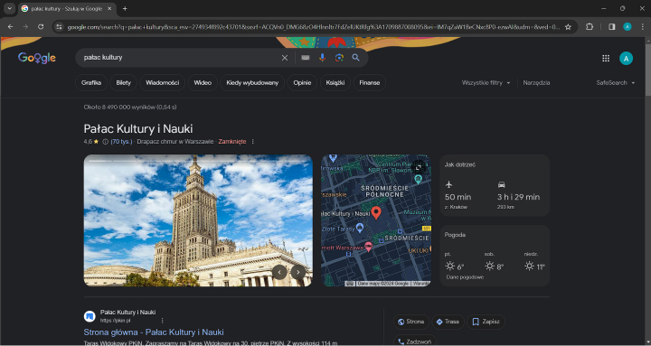 Wynik wyszukiwania dla frazy Pałac Kultury | Źródło: Google Chrome / materiały własne