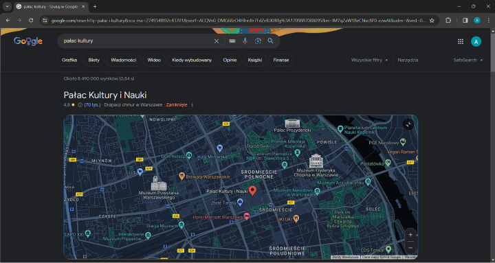 Wynik wyszukiwania dla frazy Pałac Kultury | Źródło: Google Chrome / materiały własne
