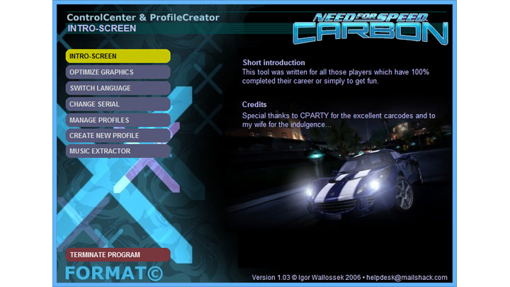 Need for Speed Carbon mod Control Center and Profile Creator