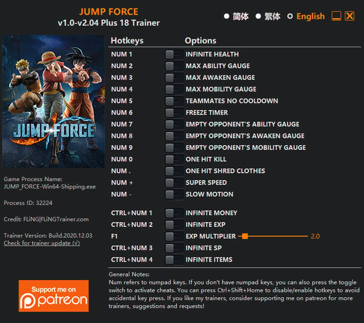Jump Force mod Disable EAC / Trainer v2.04 +18 Trainer