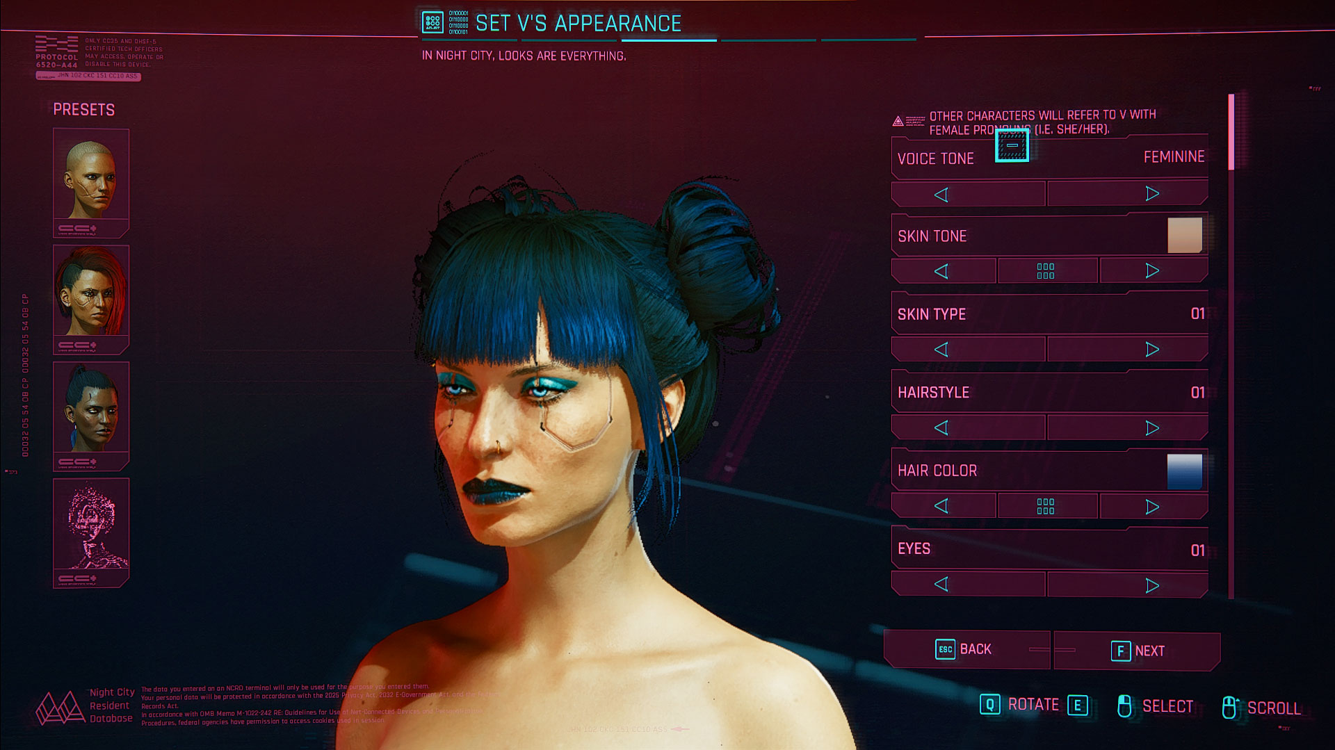 Cyberpunk 2077 mod Clouds Receptionist and Blue Moon Hair for FemV v.1.0