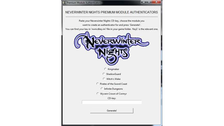 Neverwinter Nights mod Premium Module Offline Authenticator Generator v.1.0