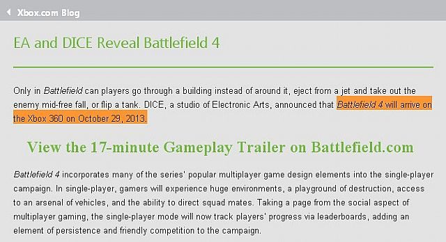 Pierwotna wersja wiadomości na stronie Xbox.com wyglądała nieco inaczej niż teraz - Znamy dokładną datę premiery gry Battlefield 4? - wiadomość - 2013-04-02