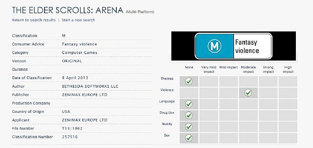 Wpis The Elder Srolls: Arena w australijskim systemie ratingowym. - The Elder Scrolls: Arena powróci. Tytuł otrzymał już kategorię wiekową [UAKTUALNIENIE] - wiadomość - 2013-04-16