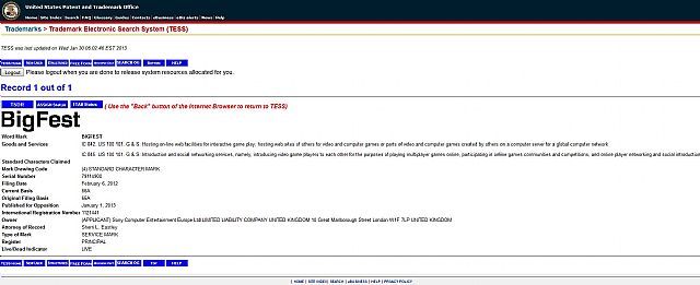 Znak towarowy BigFest na stronie internetowej Amerykańskiego Urzędu Patentowego - BigFest następcą społecznościowej usługi PlayStation Home? - wiadomość - 2013-01-30