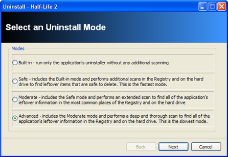 Menu wyboru trybu odinstalowania gry Half-Life 2 (2004). - 2012-12-17