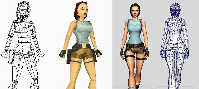 Porównanie modelu postaci 3D z różnym zagęszczeniem przestrzennej siatki wielokątów na przykładzie Lary Croft, bohaterki serii Tomb Raider. - 2012-12-17