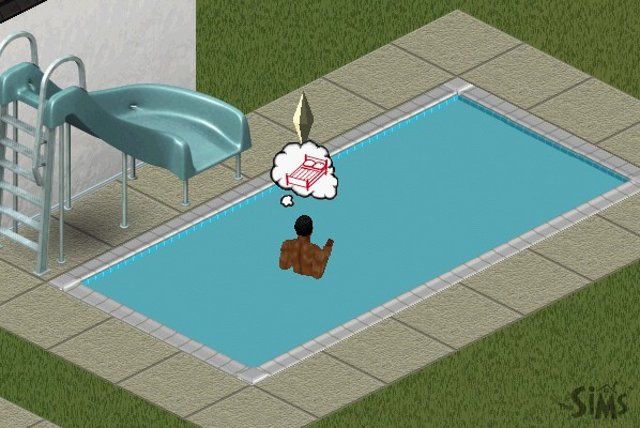 Przykład tricku w grze The Sims (2000). Chcąc uśmiercić Sima, wystarczyło umieścić postać w basenie, a następnie sprzedać drabinki pozwalające na wyjście z niego. Wyczerpany bohater ostatecznie tonął. - 2012-12-17