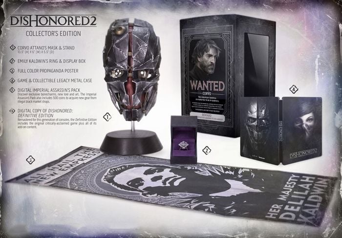 Zawartość kolekcjonerskiej edycji gry Dishonored 2 (2016): w zestawie znalazły się m.in. maska jednego z protagonistów, plakat, ozdobne metalowe pudełko, DLC i klucz do odblokowania cyfrowej edycji gry. - 2016-08-09