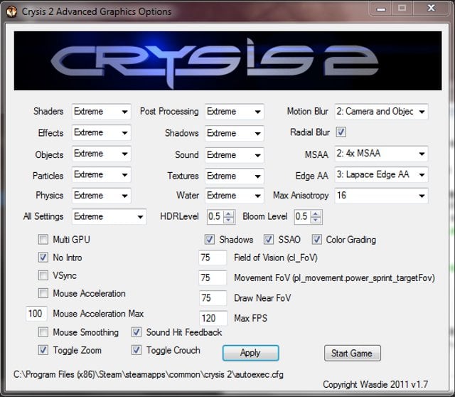Crysis 2 Advanced Graphics Options - stworzona przez jednego z fanów aplikacja, umożliwiająca odblokowanie dodatkowych opcji ustawień w grze Crysis 2 (2011). - 2016-10-25